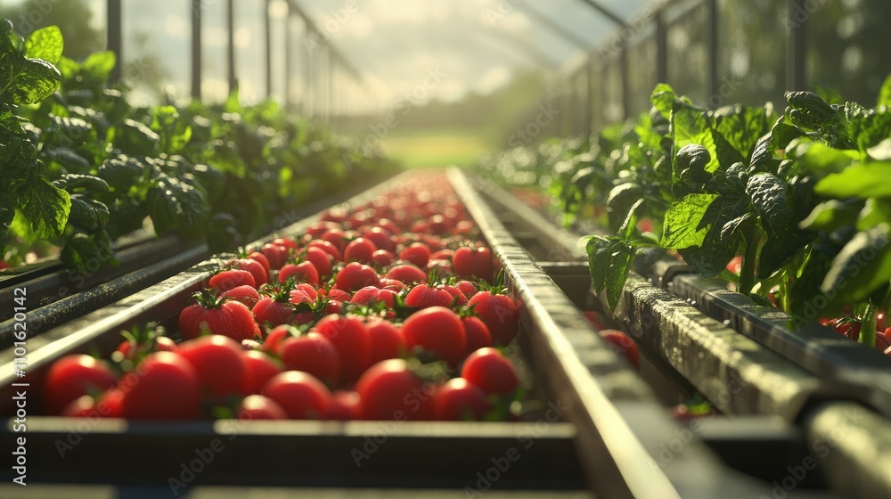 Poster A retro conveyor system gently moving fresh produce in a soft-lit agricultural setting, with a rustic farm backdrop and fields stretching in the distance.