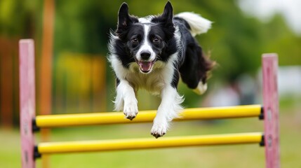 Border Collie Joyfully Leaping Over Yellow Agility Barrier with Intense Focus in a Vibrant Training Environment