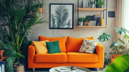 A vibrant orange couch takes center stage in this plant-filled living room.  The space is bright, and the decor features a mix of textures and colors.