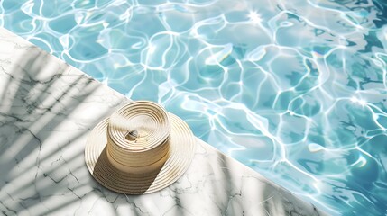A sun hat rests on a marble edge beside a sparkling blue swimming pool, evoking relaxation and leisure.