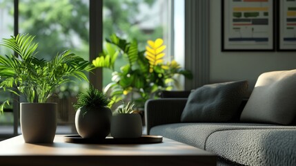 Minimalistic living room featuring a cozy sofa, stylish coffee table, and various lush plants basking in natural light.