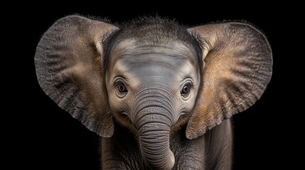 Close-up photo of a baby elephant's face highlighting intricate details of its skin, large expressive eyes, and playful ears against a stark black background.