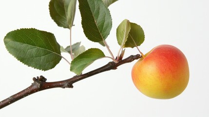 Close-up of a vibrant red apple nestled on a twig surrounded by lush green leaves, set against a clean white background.