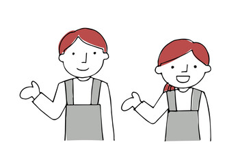 カフェやレストランで案内する店員男女