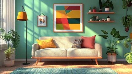 Sunlight streams into a living room, illuminating a cream-colored sofa with colorful throw pillows.  The walls are a calming shade of green, accented by vibrant artwork and houseplants.
