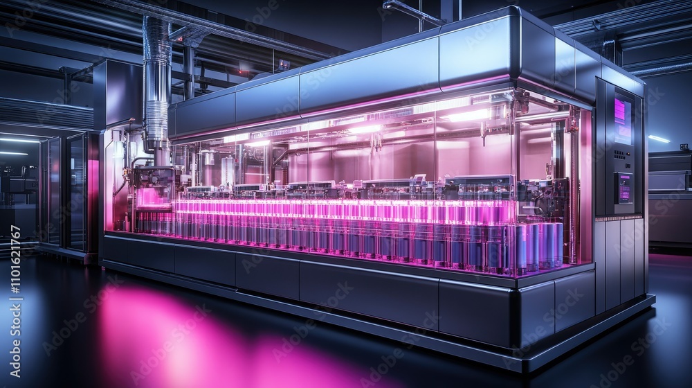 Poster A sleek, modern filling machine in action, soft lighting and gradient colors illuminating the factory environment as products are filled with precision