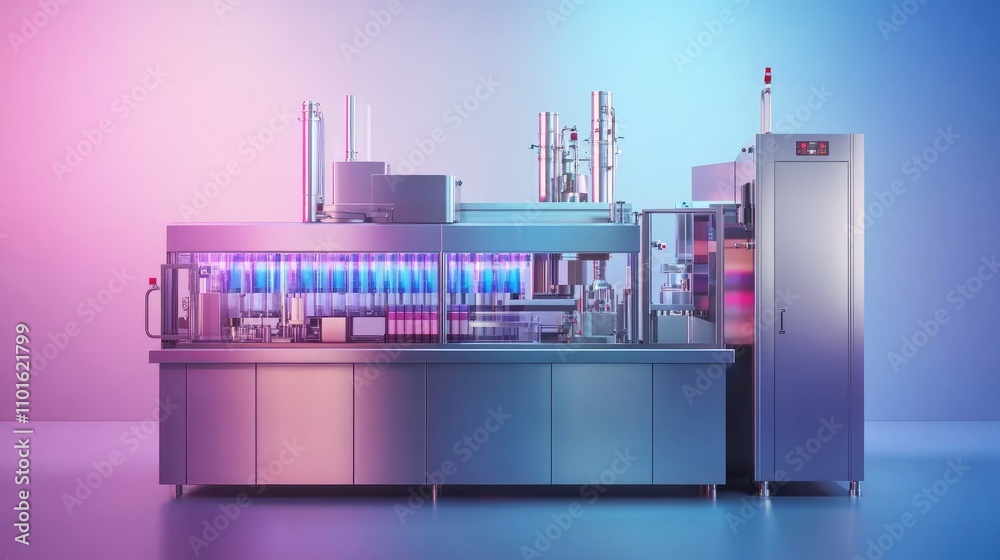 Poster A sleek, modern filling machine in action, soft lighting and gradient colors illuminating the factory environment as products are filled with precision