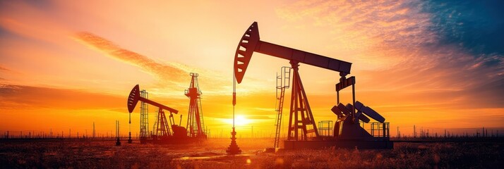 Fototapeta premium Oil pumps silhouetted against a vibrant sunset, showcasing energy production.