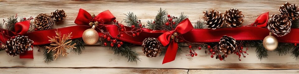 Inviting farmhouse Christmas scene with wide reclaimed barn wood, cream accents, bright red ribbons, and pinecones, accented with rustic copper and dull gold highlights.