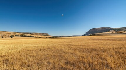 Obraz premium A stunning golden wheat field under a cloudless blue sky, capturing the tranquility of the rural landscape in a vast agricultural setting.