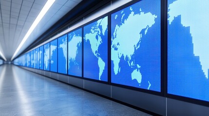 A vivid display of blue world maps on large screens in a modern corridor, showcasing a high-tech, digital environment.