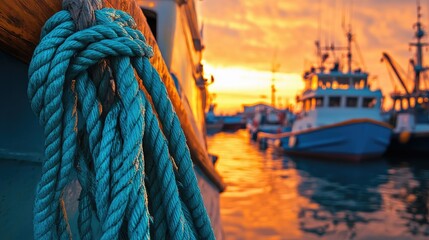 Obraz premium A stunning sunrise view of fishing boats docked along the shore, with textured blue ropes and an orange sky reflecting the peaceful start of the day