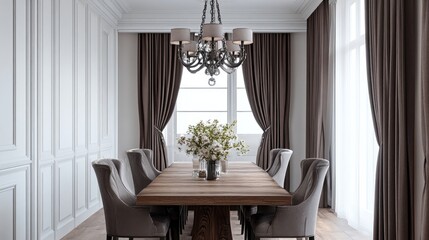 Elegant dining room interior with a large wooden table, plush chairs, and floor-to-ceiling curtains. A stunning chandelier hangs above, adding to the luxurious ambiance.
