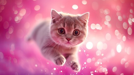 A charming, fluffy kitten with large, wide eyes, surrounded by a dreamy pink bokeh background. The soft colors and the kitten