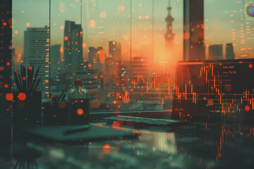 Fototapeta premium Stock market graph on background with desk and personal computer financial analysis concept.