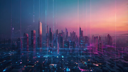 Obraz premium Futuristic Cityscape at Sunset with Digital Streams, vibrant city at sunset, high-tech urban environment, skyscrapers and technology, glowing digital streams.