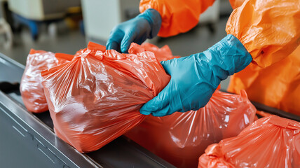 Infectious waste bags are being handled with care by person in protective gear. bright orange bags signify hazardous materials, emphasizing safety and health protocols