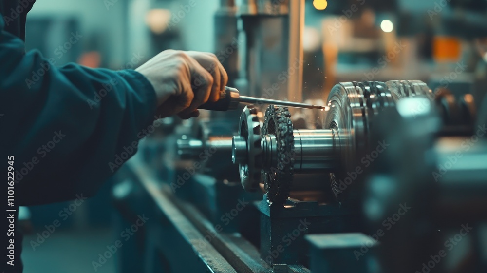 Aufkleber a technician using a polishing tool on large metal components in a factory, showcasing detailed craf