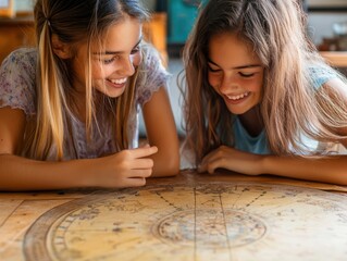 Girls enjoying making natal charts together, surrounded by astrological tools
