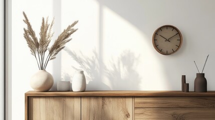 Neutral-toned home decor with pampas grass in a beige vase, minimalist vases, and a wooden wall clock. Light and airy aesthetic.