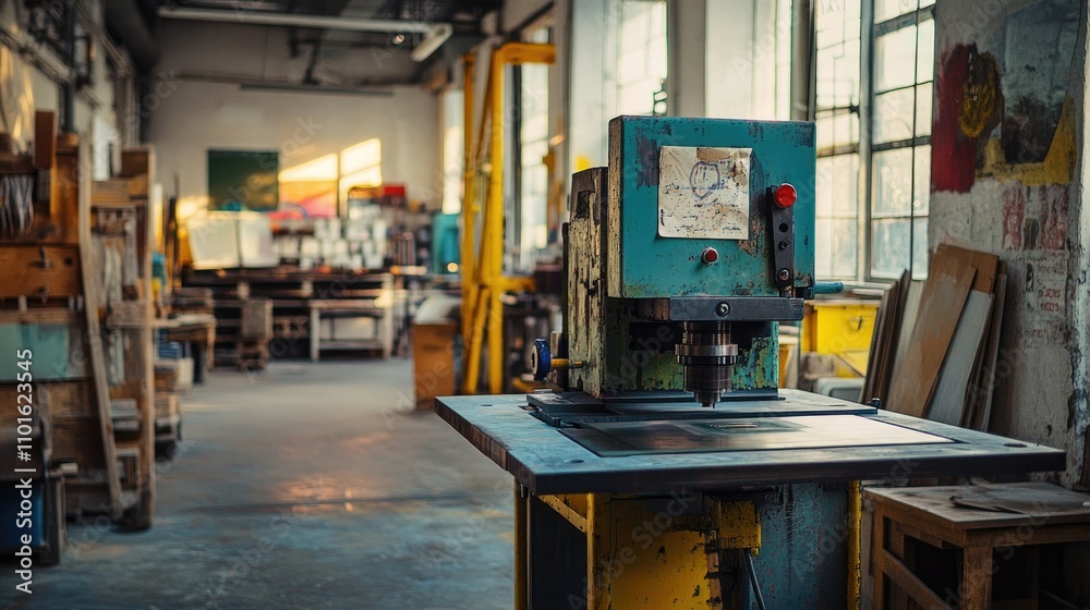 Poster A vibrant workshop with an industrial press machine in action, highlighting its precise functionality and the colorful, energetic ambiance of the space