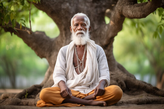 Elderly Indian man meditating under a tree in peaceful nature