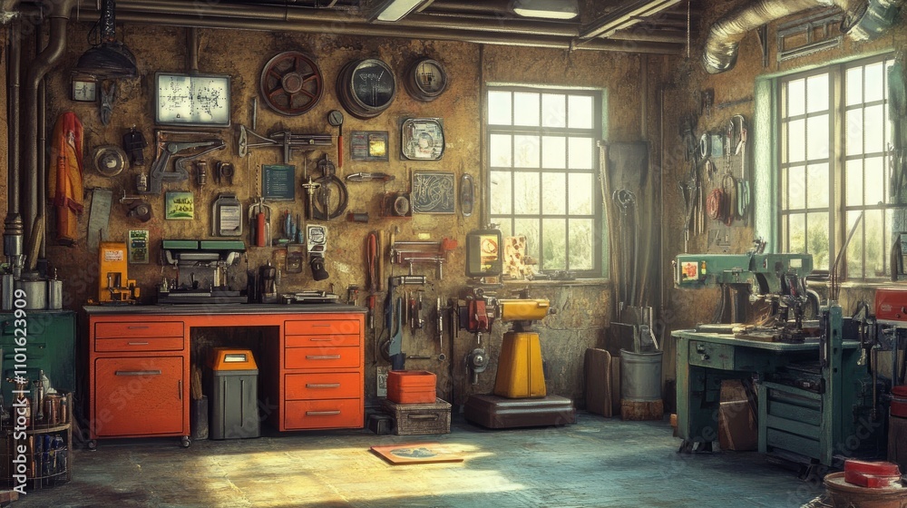 Poster a warm-toned, retro workshop with classic machines and tools, featuring textured walls and floors, e