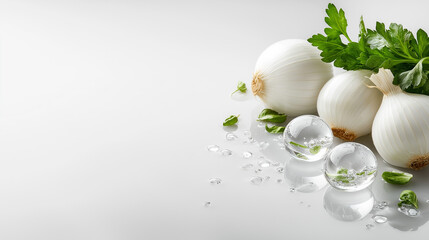 Fresh White Onions and Herbs Arranged on a Clean Surface With Water Droplets and Decorative Spheres
