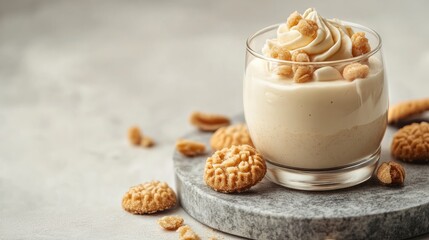 Delicious creamy vanilla pudding topped with whipped cream and amaretti cookies served in a clear glass on a marble board, accented by scattered cookies.