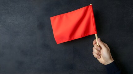 Person Holding a Red Flag Against a Dark Background Symbolizing Warning or Alert in Business Context