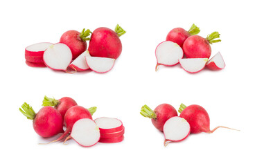 Fresh radish isolated on white background. Organic garden radish slices. clipping root crop. Vegetables. Vegan. Diet products. Healthy food.