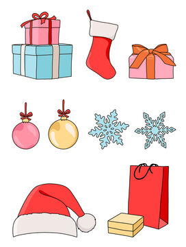 Modern Christmas Icons Elements Ornaments Set. Collection of Stockings, Santa Hat, Stars, Ball, Snow Flakes and Presents