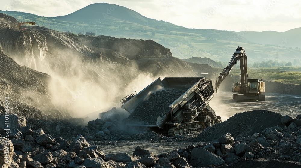 Poster action shot of a large crushing machine breaking boulders in a quarry, with rugged hills and heavy m