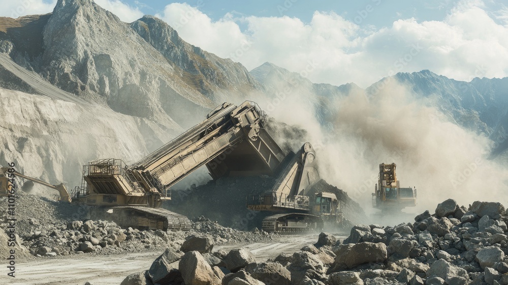 Poster Action shot of a large crushing machine breaking boulders in a quarry, with rugged hills and heavy machinery in the background.