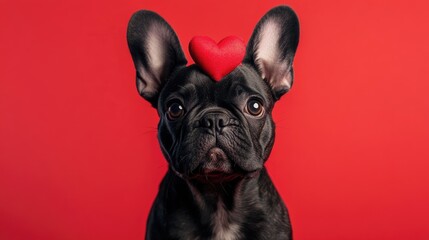 Fototapeta premium Charming French Bulldog with a heart-shaped decoration on its forehead, set against a bold red background, exuding playful cuteness.