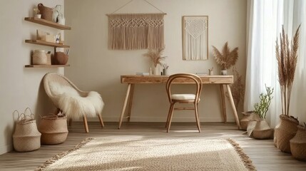 A cozy home office with a neutral color palette, featuring a wooden desk, woven wall hangings, and a sheepskin-covered chair.  The space has a calming, minimalist vibe.