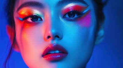 An Asian woman with artistic makeup, featuring a bold, colorful design around her eyes, her face illuminated by bright studio lights, capturing her creative and expressive look