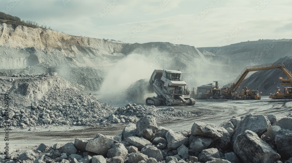 Poster Action shot of a large crushing machine breaking boulders in a quarry, with rugged hills and heavy machinery in the background.
