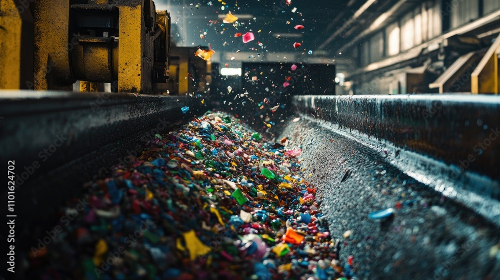Poster action shot of a plastic shredding machine working tirelessly in a recycling plant, with bright colo