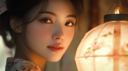 Naklejka premium An Asian woman with delicate features and a soft smile, her face illuminated by the warm light of a traditional lantern, creating a serene and elegant atmosphere