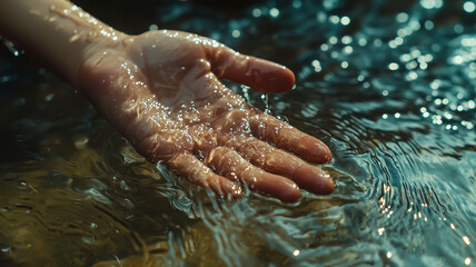 Fototapeta premium macro shot of hand with water droplets glistening in sunlight, creating serene and tranquil atmosphere. rippling water enhances beauty of moment