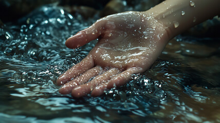 Fototapeta premium macro shot of hand reaching into water, showcasing droplets glistening on skin. serene moment captures beauty of nature and connection between human and water
