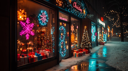 Obraz premium Festive Christmas Street Scene with Decorations and Lights at Night