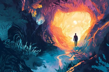 A figure stands at the entrance of a vibrant, mystical cave, illuminated by warm light.