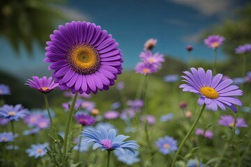 Obraz premium Vibrant Purple Daisy in a Captivating Blue Flower Garden Journey