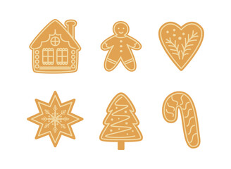 Christmas gingerbread cookies. Traditional xmas biscuits. Gingerbread man, gingerbread house. Homemade sweets for winter festive holidays. Children's treat. Vector illustrations isolated on white.