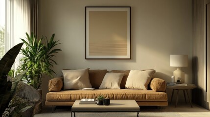 Beige living room with a mustard-colored couch, large plant, and artwork. A calm and relaxing atmosphere.