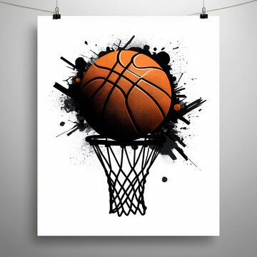 orange basketball above hoop, black splatter clip art preview
