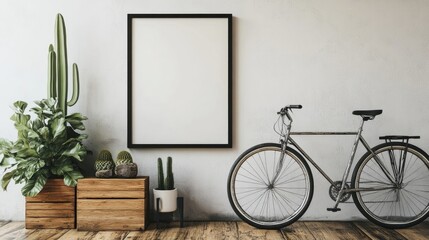 A minimalist room features a blank frame, a bicycle, and various plants in wooden containers.  The neutral color palette creates a calm atmosphere.
