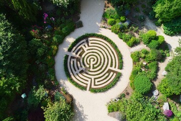 A labyrinth in a garden view from above.